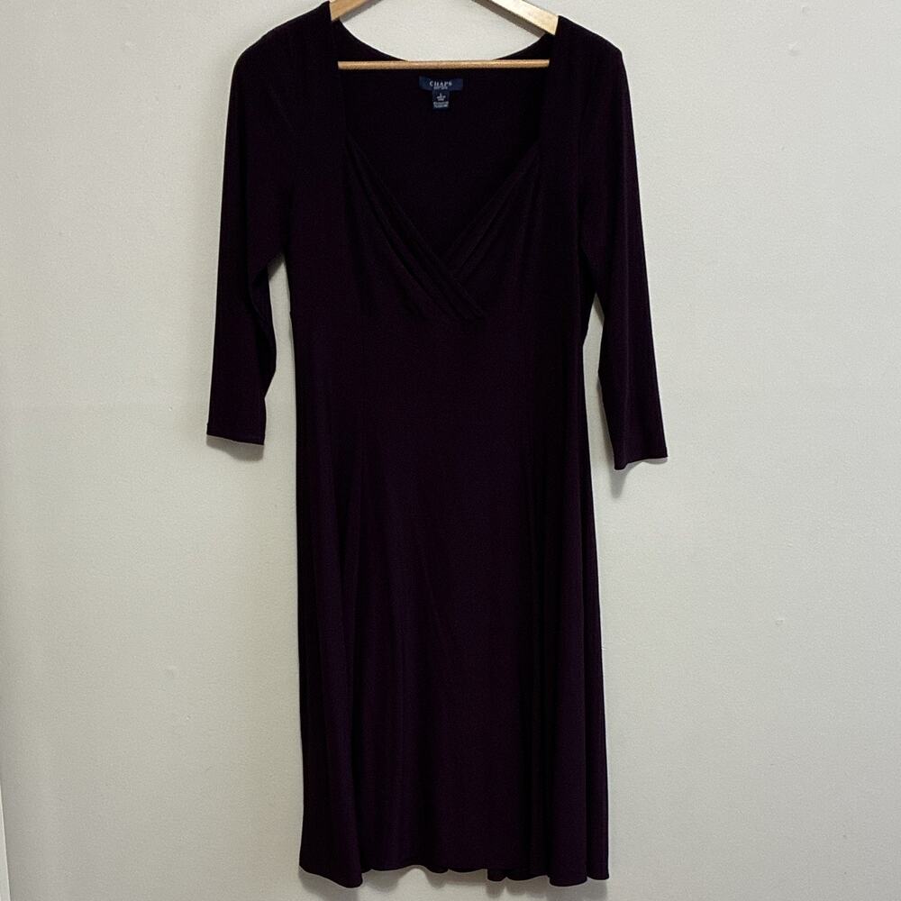 Chaps Woman purple sheath dress, stretch fit-and-flare, 3/4 sleeves, V-neckline.